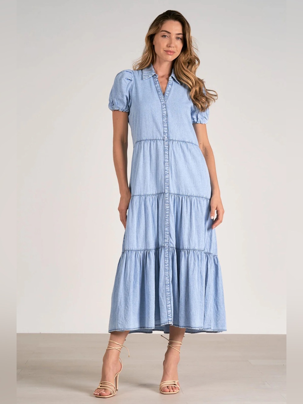 Elan Chambray Denim Puff Sleeve Tiered Midi Dress with Pockets Cotton Small NWT